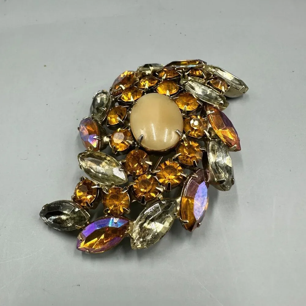 Vintage Amber Color Rhinestone Brooch Silver Tone Navette Aurora Borealis